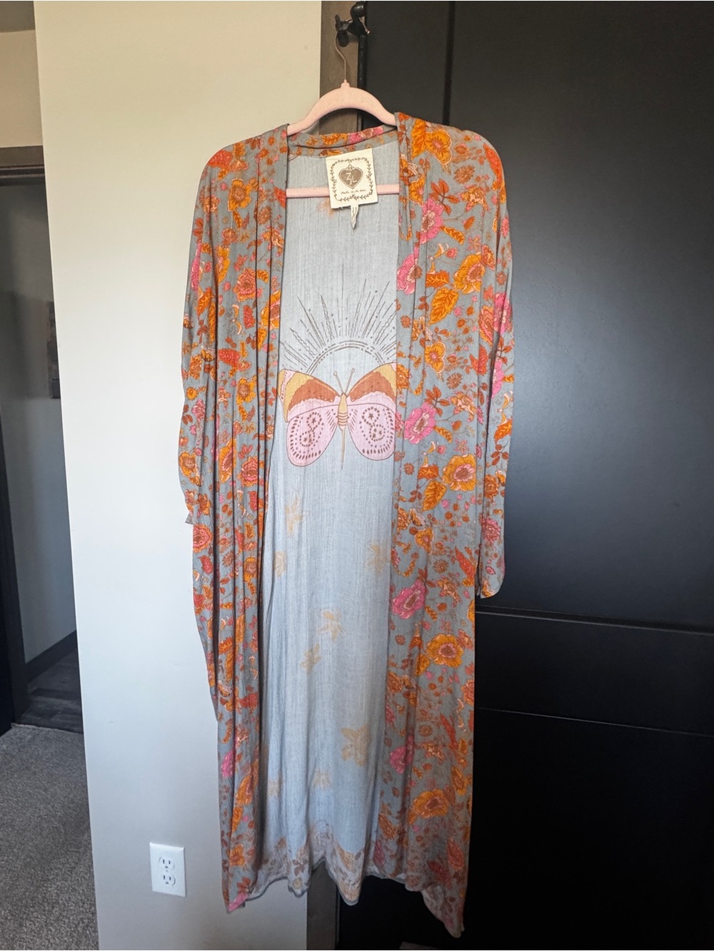 Floral Long Kimono in Gray with Pink & Orange Accents
